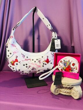 Ed Hardy Studded Shoulder Bag and Wallet Set with Heart Tattoo Print